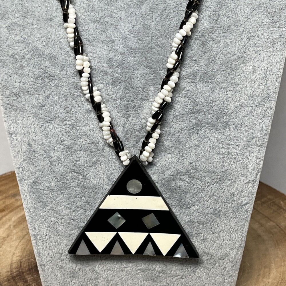Multi Strand Braided Beaded Necklace With Shell Inlay Triangle Pendant